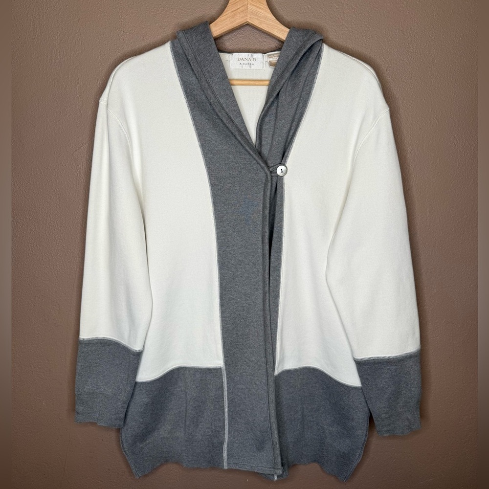 Dana B. & Karen Ivory & Gray 100% Cotton Hooded Cardigan Button Closure Size Lrg